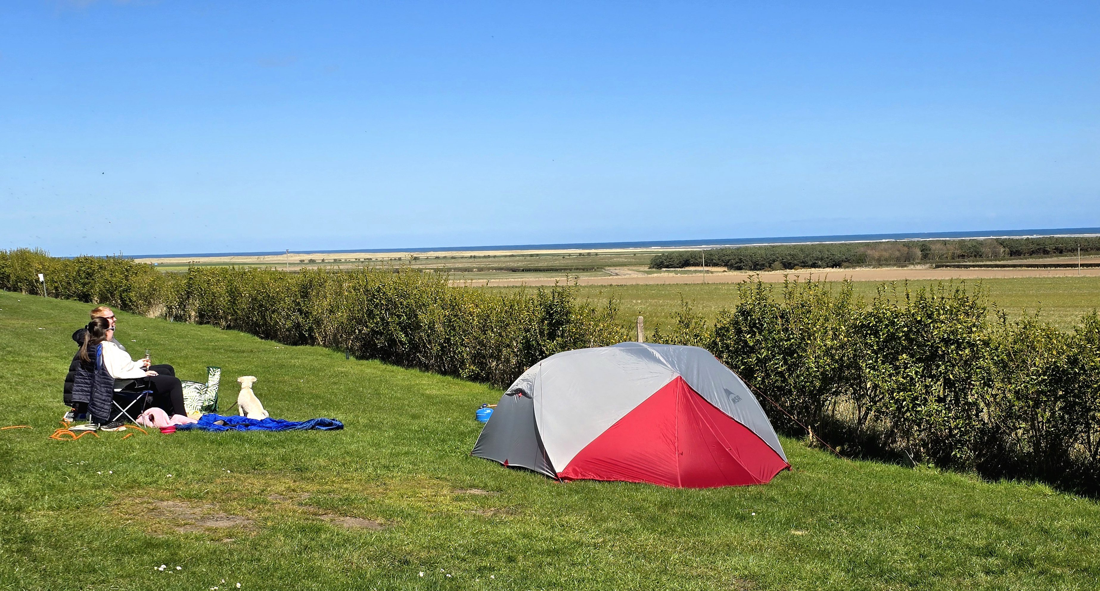 tent pitch with Goswick beach in the background and people enjoying the sunshine